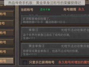 热血传奇手机版：黄金单身汪称号的荣耀获得记