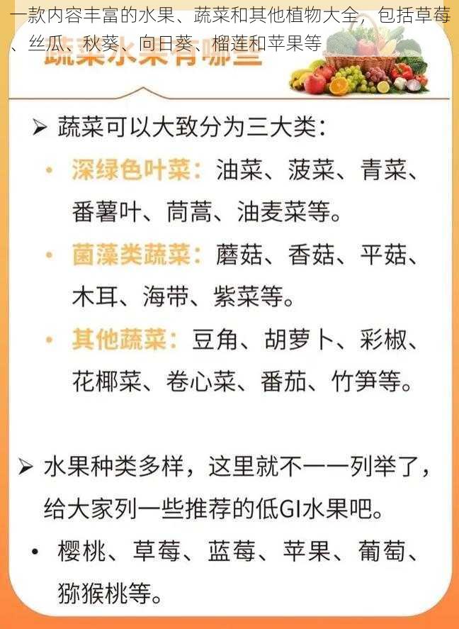 一款内容丰富的水果、蔬菜和其他植物大全，包括草莓、丝瓜、秋葵、向日葵、榴莲和苹果等